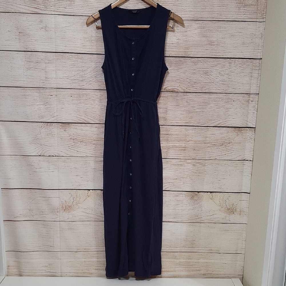 Sleeveless Navy Button-Front Maxi Dress with Tie Waist
